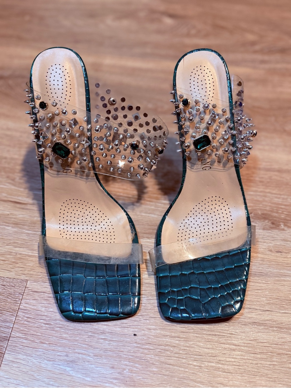 Azalea Wang Emerald Croc-Embossed Slide Heels with Clear Studded Straps
